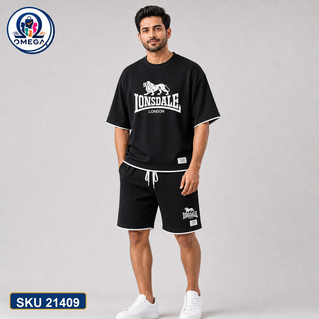 Mash T-Shirt and Shorts Combo Black Lonsdale Text Bangladeshi model preview | OmegaBD
