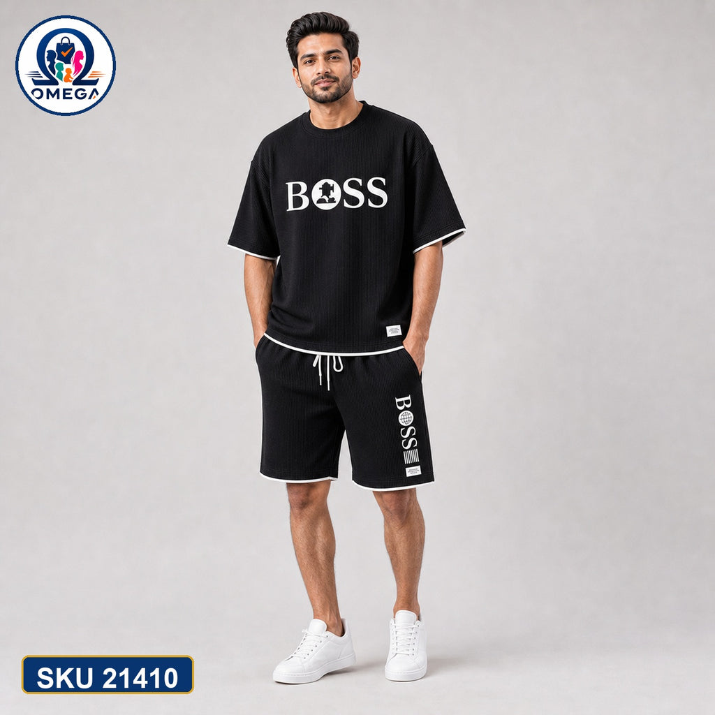 Mash T-Shirt and Shorts Combo Black Boss Vertical Logo Bangladeshi model preview | OmegaBD