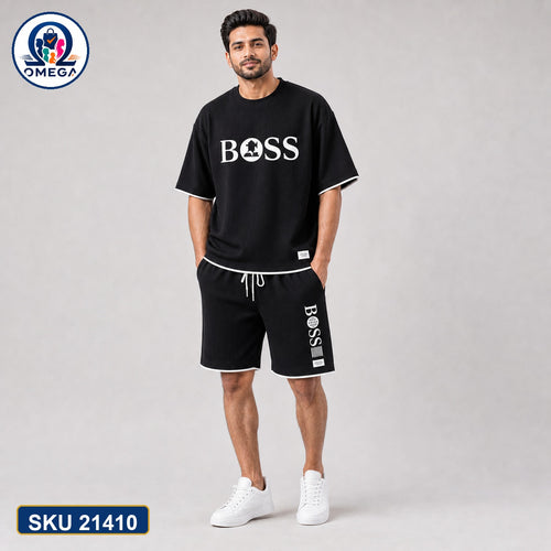 Mash T-Shirt and Shorts Combo Black Boss Vertical Logo Bangladeshi model preview | OmegaBD