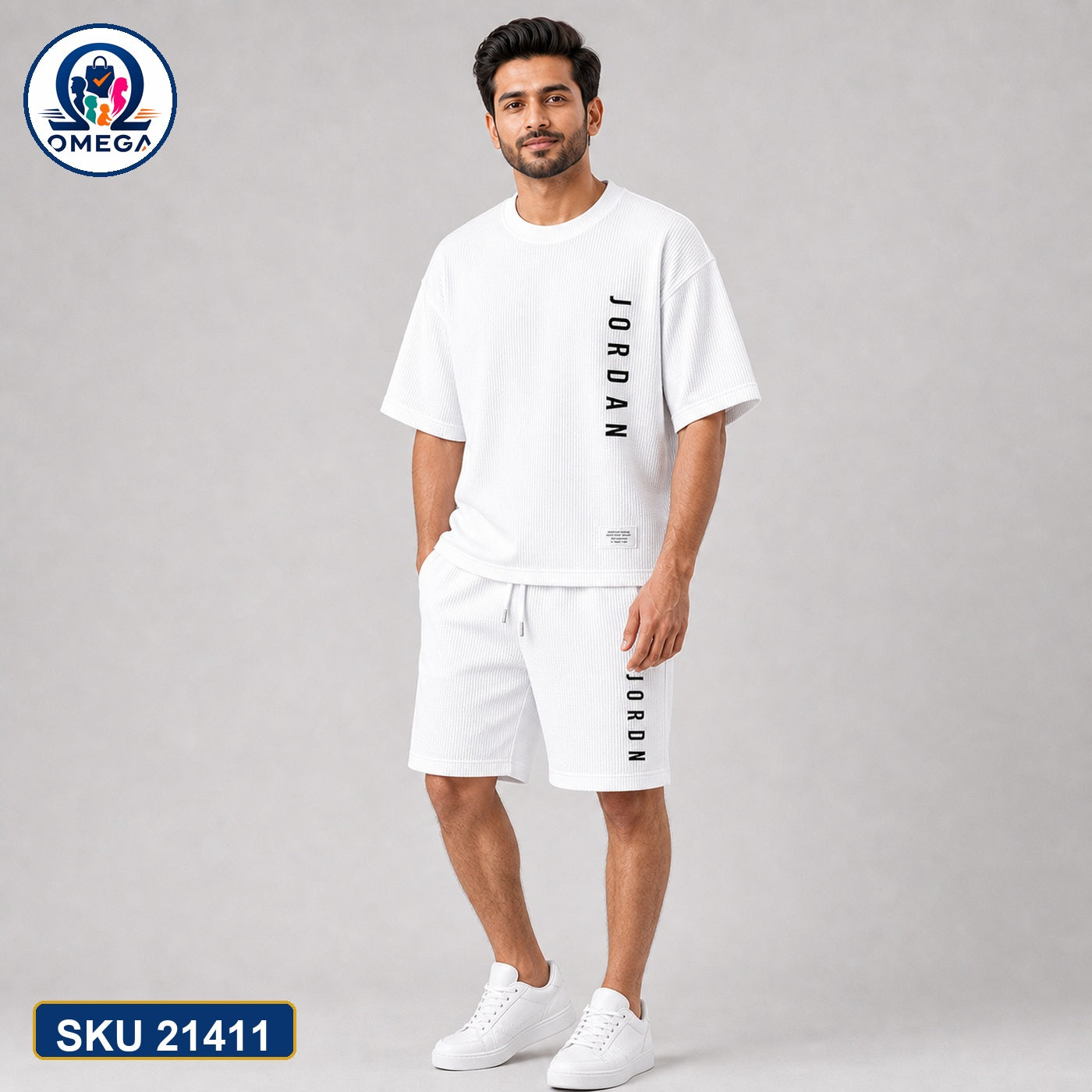 Mash T-Shirt and Shorts Combo White Jordan Vertical Text Bangladeshi model preview | OmegaBD