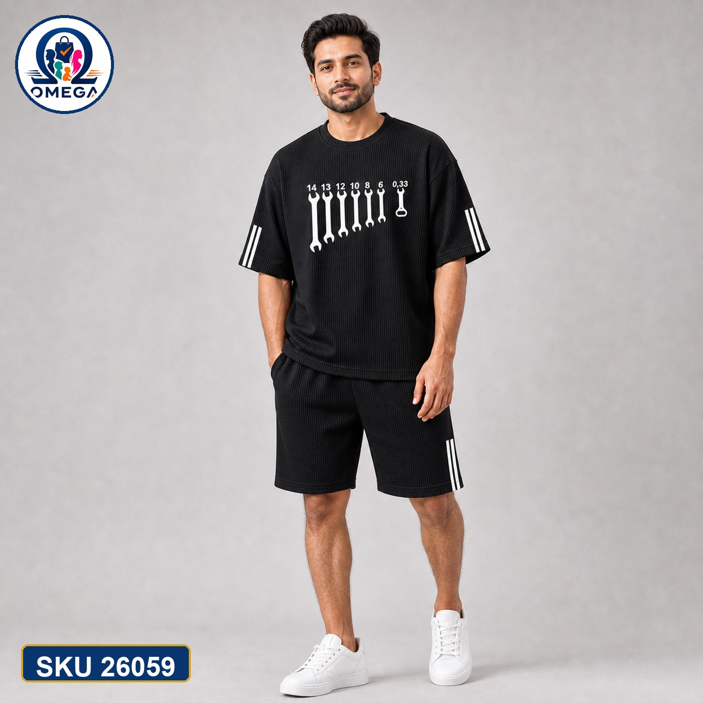 Mash T-Shirt and Shorts Combo Black Wrench Tools Graphic Bangladeshi model preview | OmegaBD
