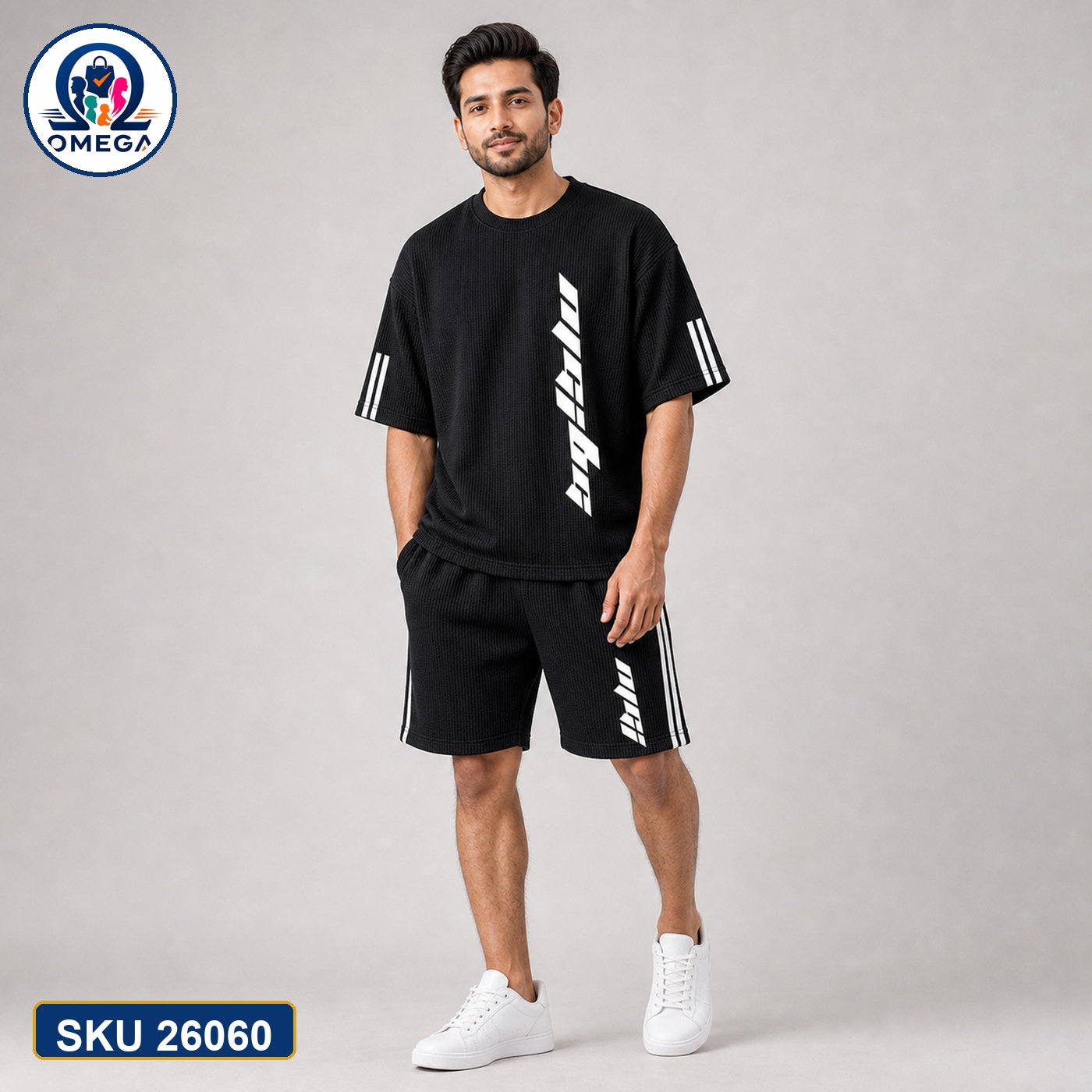 Mash T-Shirt and Shorts Combo Black Speed Stripe Text Bangladeshi model preview | OmegaBD