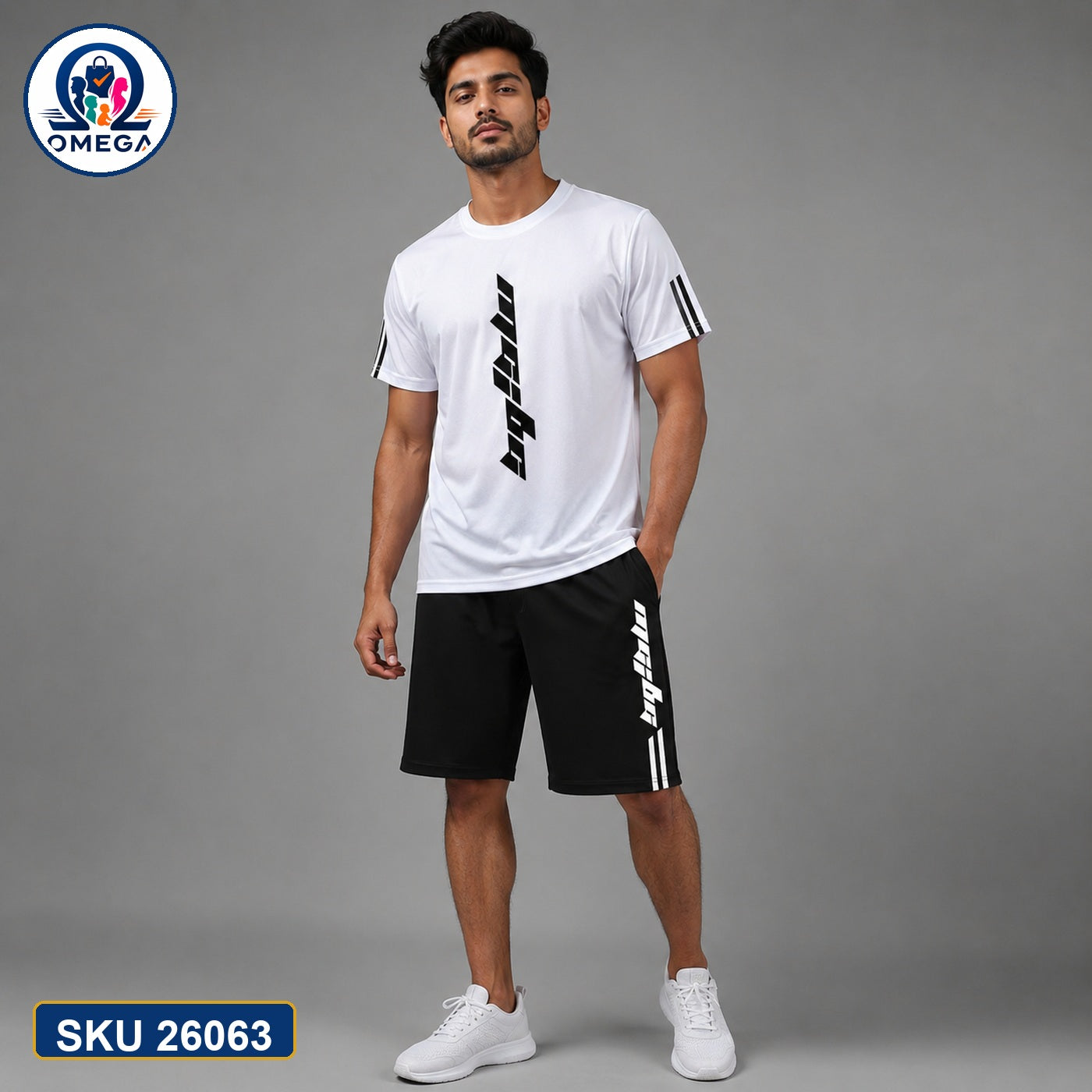 Mash T-Shirt and Shorts Combo White Speed Stripe Text Bangladeshi model preview | OmegaBD
