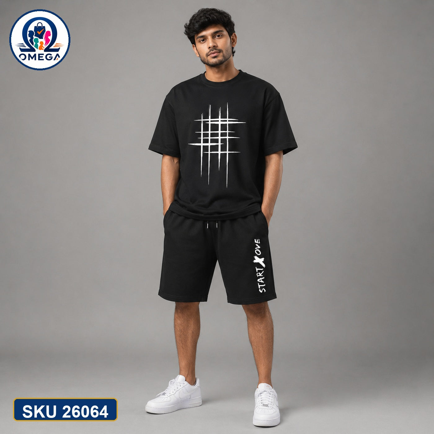 Mash T-Shirt and Shorts Combo Black Grid Cross Graphic Bangladeshi model preview | OmegaBD