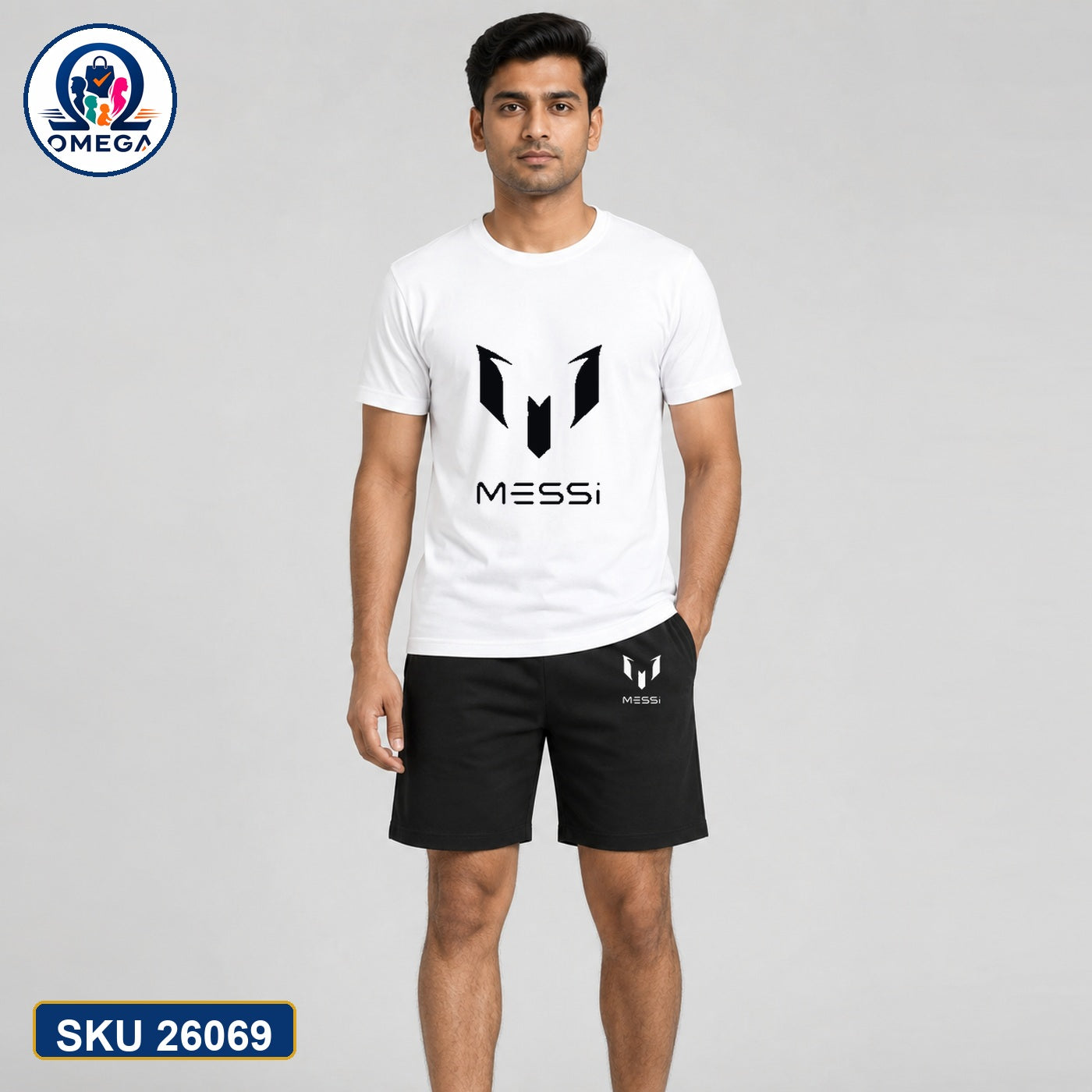 Mash T-Shirt and Shorts Combo White Messi Logo Bangladeshi model preview | OmegaBD