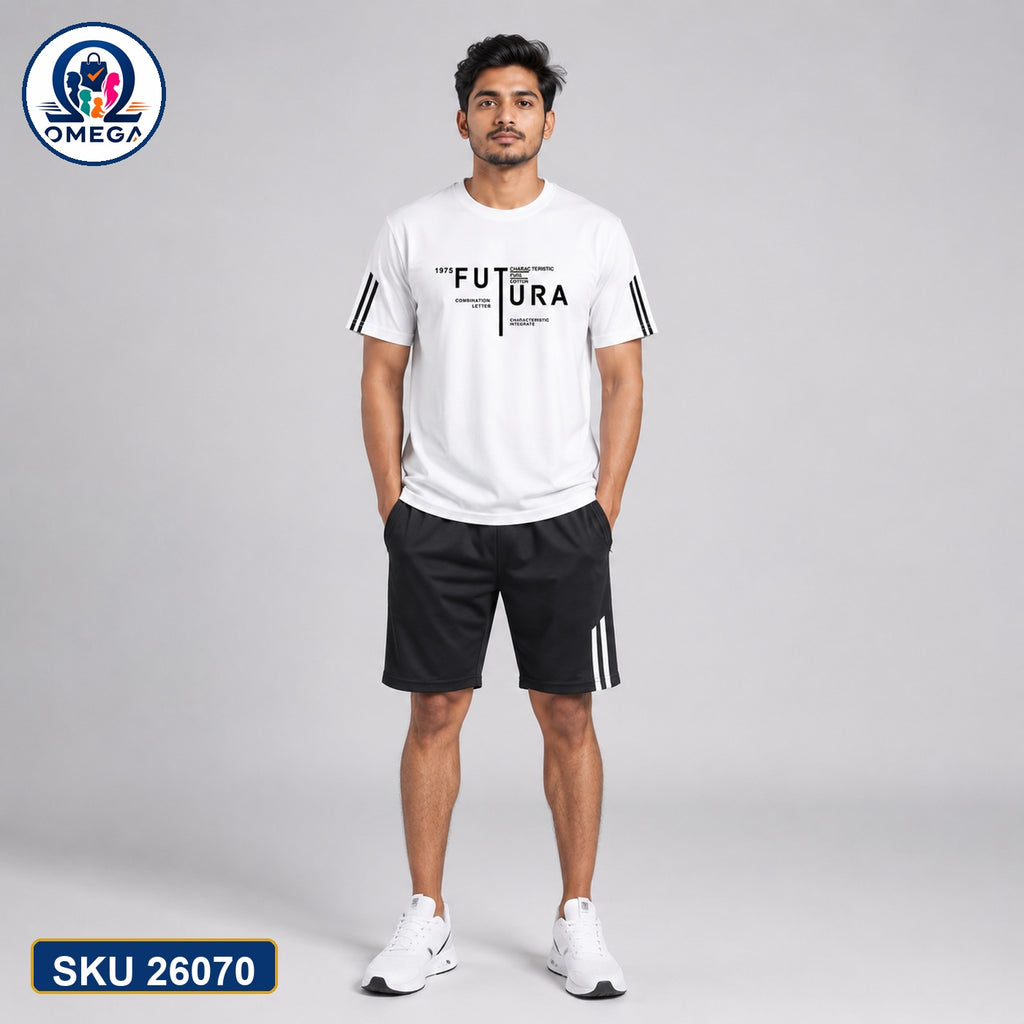 Mash T-Shirt and Shorts Combo White Futura Text Bangladeshi model preview | OmegaBD