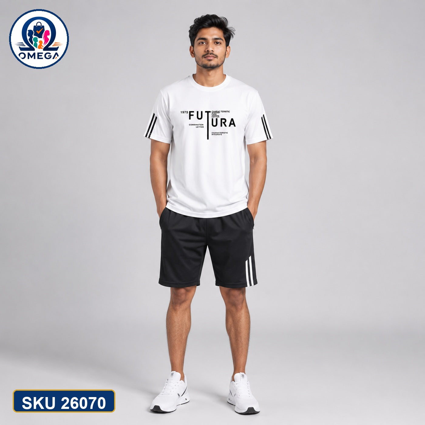 Mash T-Shirt and Shorts Combo White Futura Text Bangladeshi model preview | OmegaBD