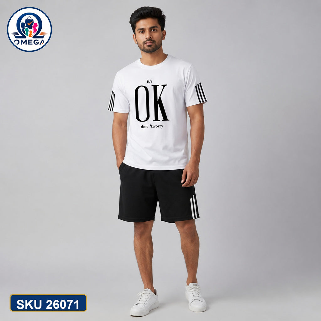 Mash T-Shirt and Shorts Combo White OK Text Bangladeshi model preview | OmegaBD