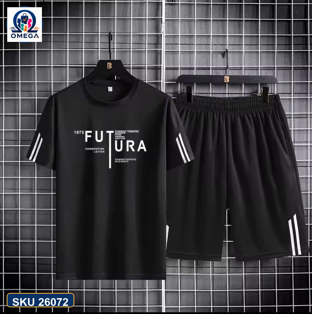 Mash T-Shirt and Shorts Combo Black Futura Text product photo | OmegaBD