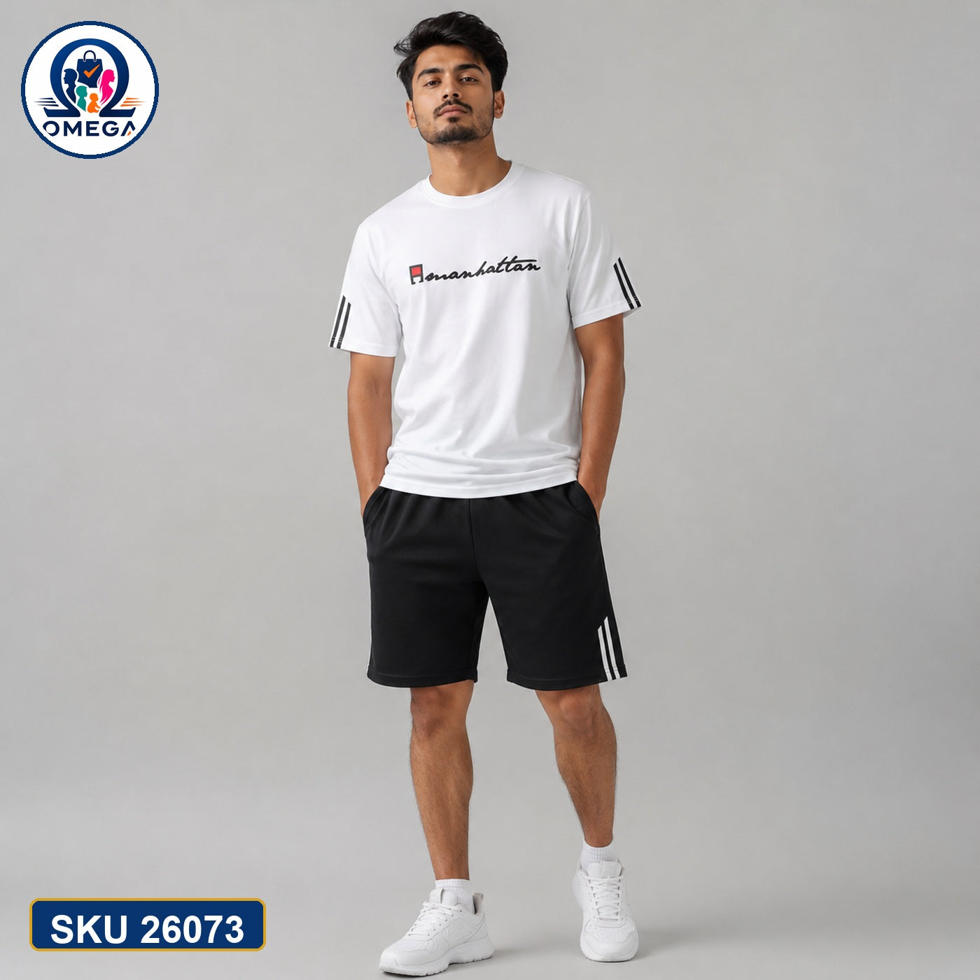 Mash T-Shirt and Shorts Combo White Promised Land Script Bangladeshi model preview | OmegaBD