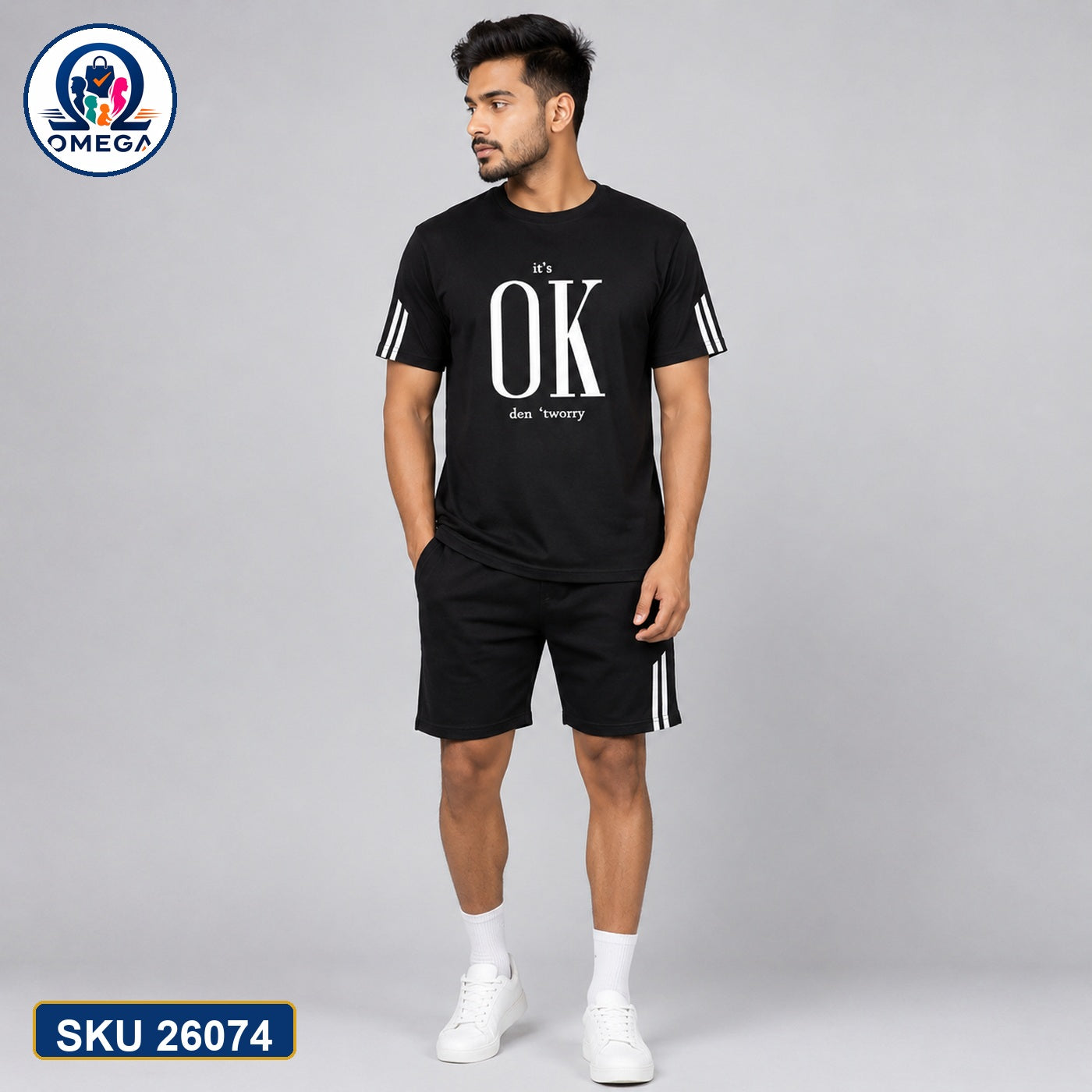 Mash T-Shirt and Shorts Combo Black OK Text Bangladeshi model preview | OmegaBD