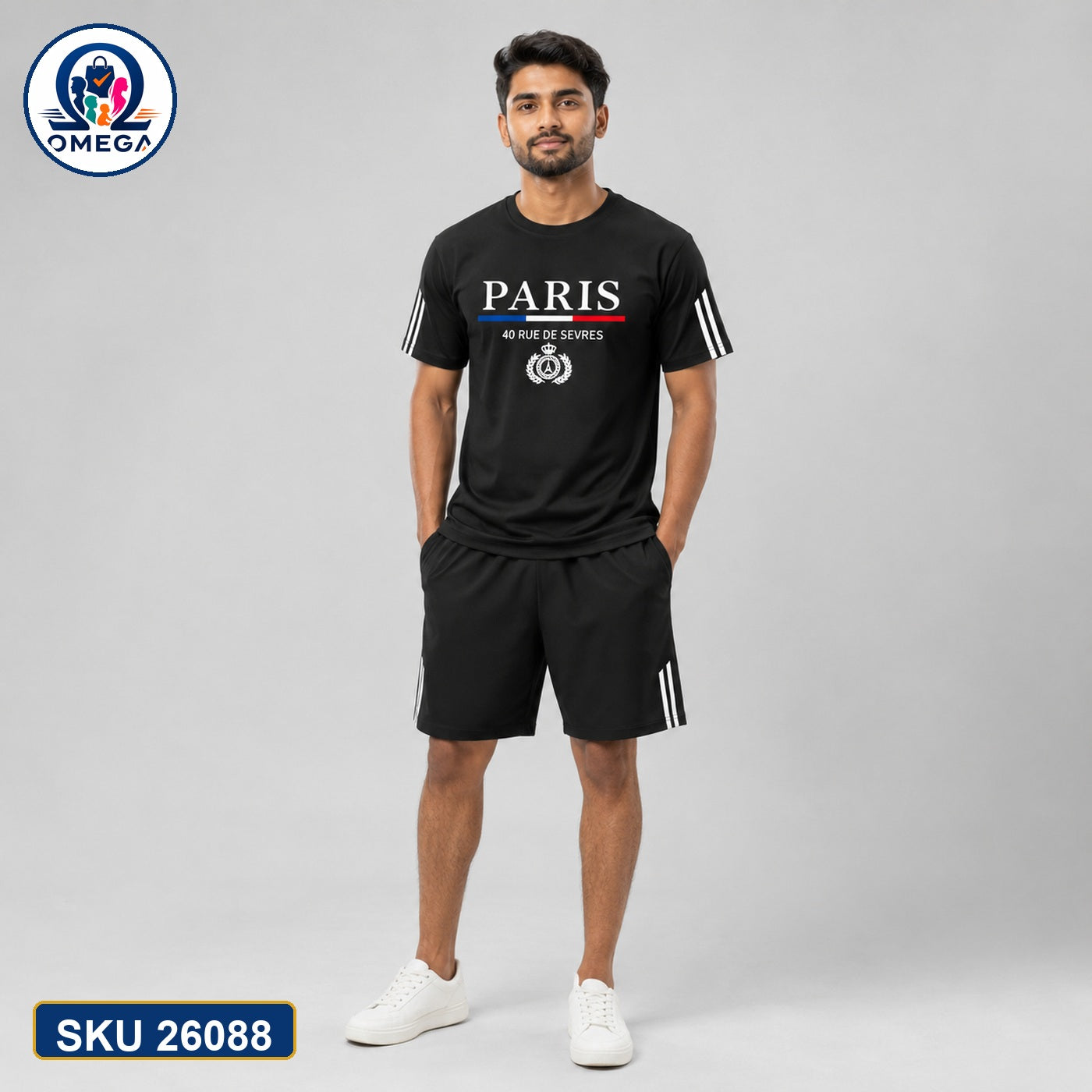 Mash T-Shirt and Shorts Combo Black Paris Emblem Bangladeshi model preview | OmegaBD