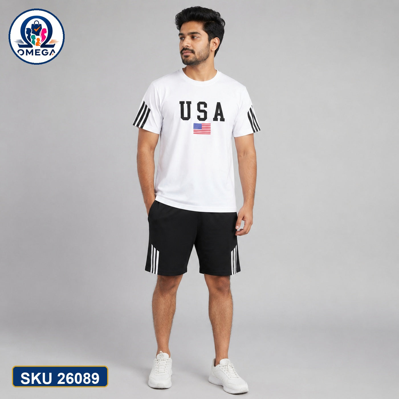 Mash T-Shirt and Shorts Combo White USA Flag Bangladeshi model preview | OmegaBD