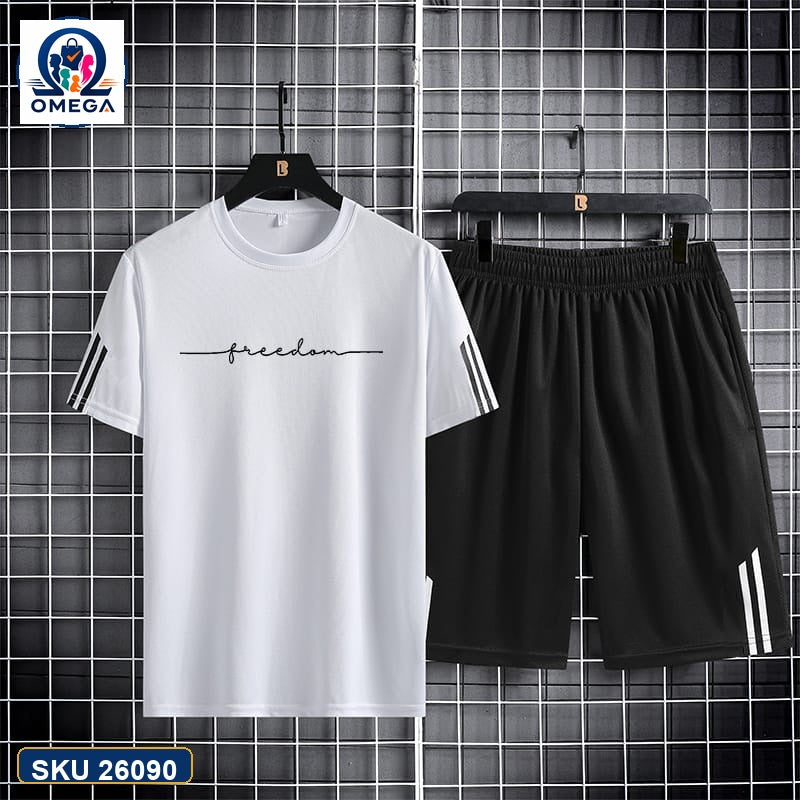 Mash T-Shirt and Shorts Combo White Minimal Script product photo | OmegaBD