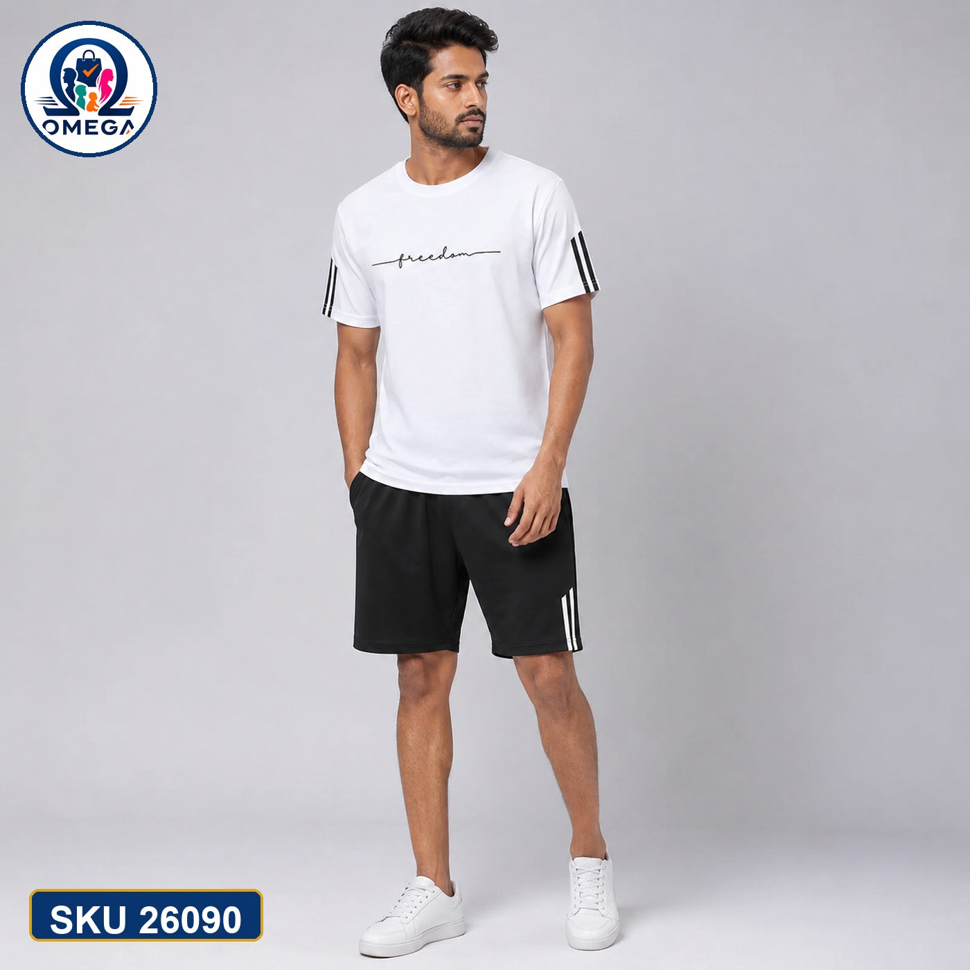 Mash T-Shirt and Shorts Combo White Minimal Script Bangladeshi model preview | OmegaBD