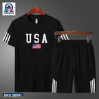 Mash T-Shirt and Shorts Combo Black USA Flag product photo | OmegaBD