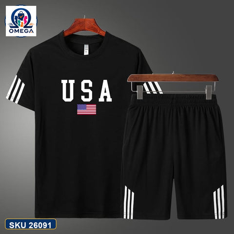 Mash T-Shirt and Shorts Combo Black USA Flag product photo | OmegaBD