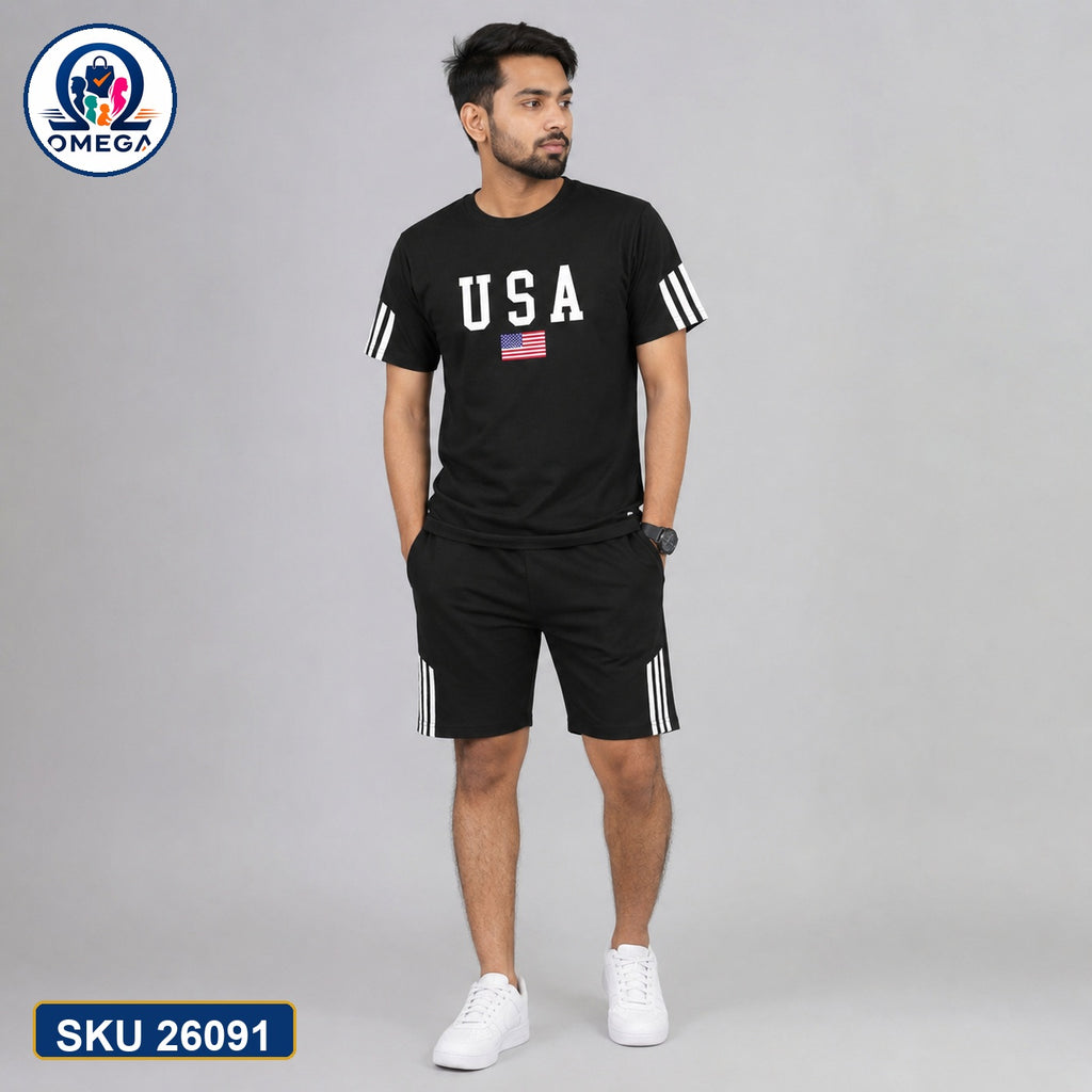 Mash T-Shirt and Shorts Combo Black USA Flag Bangladeshi model preview | OmegaBD