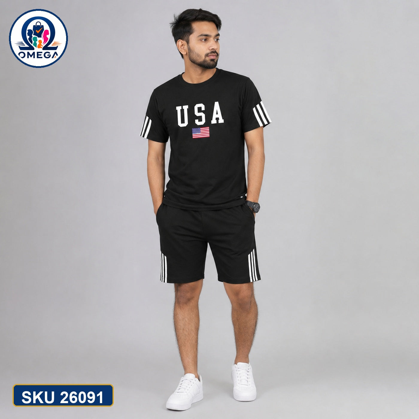 Mash T-Shirt and Shorts Combo Black USA Flag Bangladeshi model preview | OmegaBD
