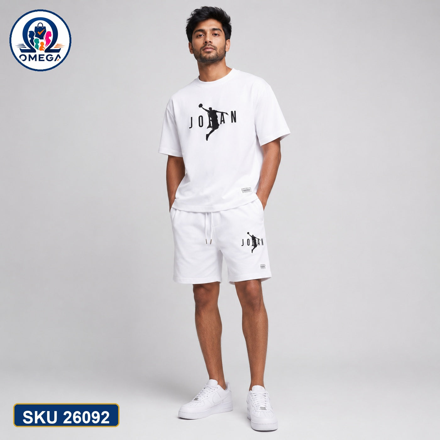 Mash T-Shirt and Shorts Combo White Jordan Text Bangladeshi model preview | OmegaBD