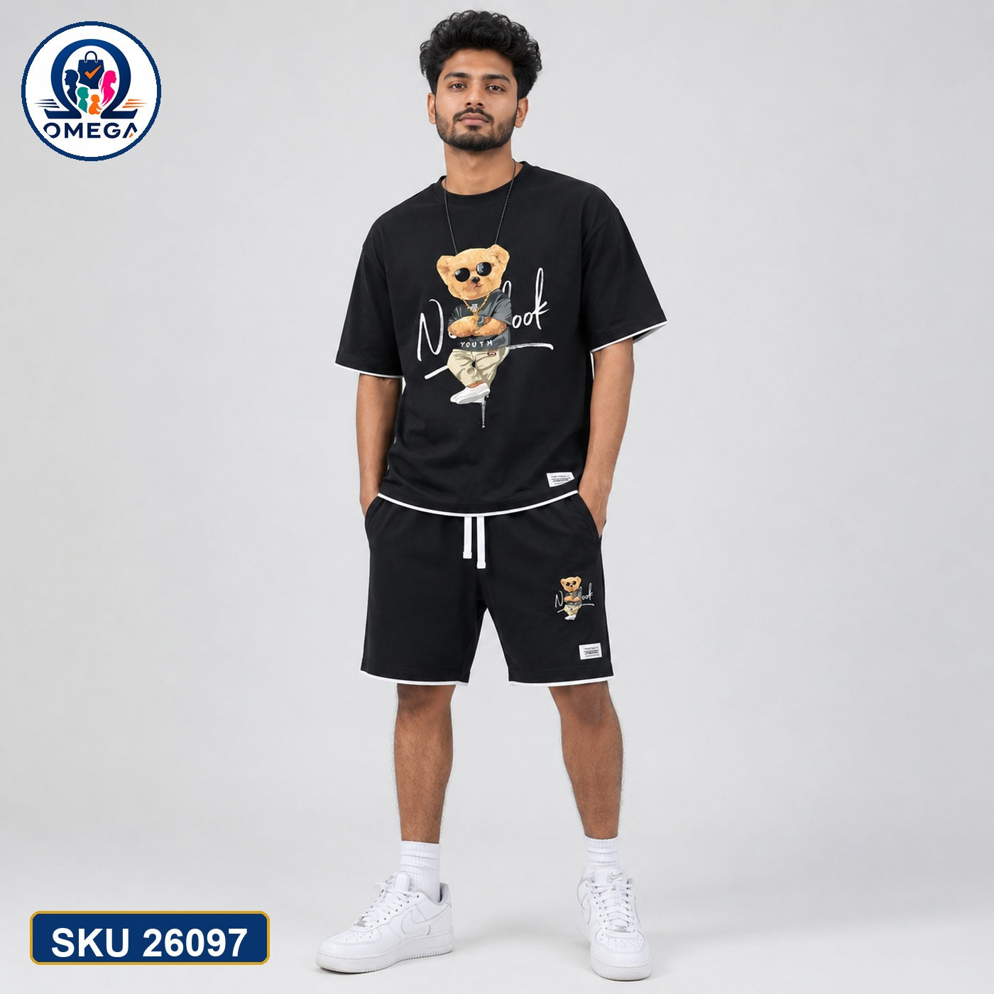 Mash T-Shirt and Shorts Combo Black Bear Graphic Bangladeshi model preview | OmegaBD