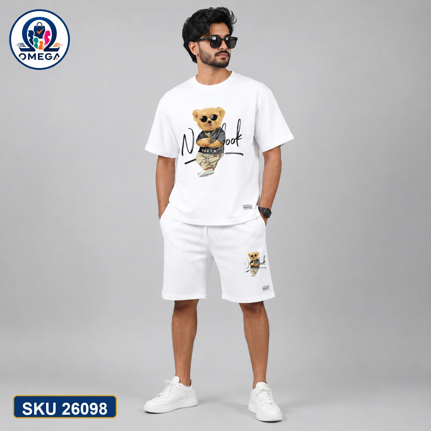 Mash T-Shirt and Shorts Combo White Bear Graphic Bangladeshi model preview | OmegaBD