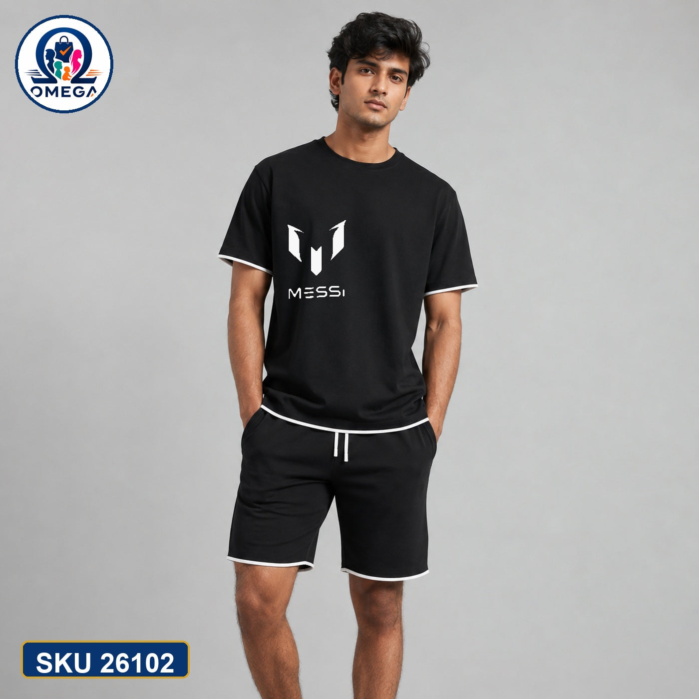 Mash T-Shirt and Shorts Combo Black Messi Logo Bangladeshi model preview | OmegaBD