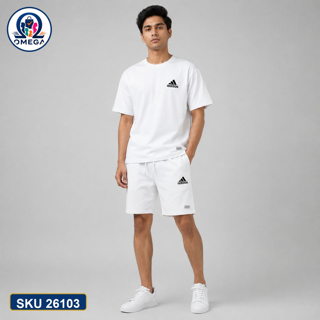 Mash T-Shirt and Shorts Combo White Adidas Logo Bangladeshi model preview | OmegaBD