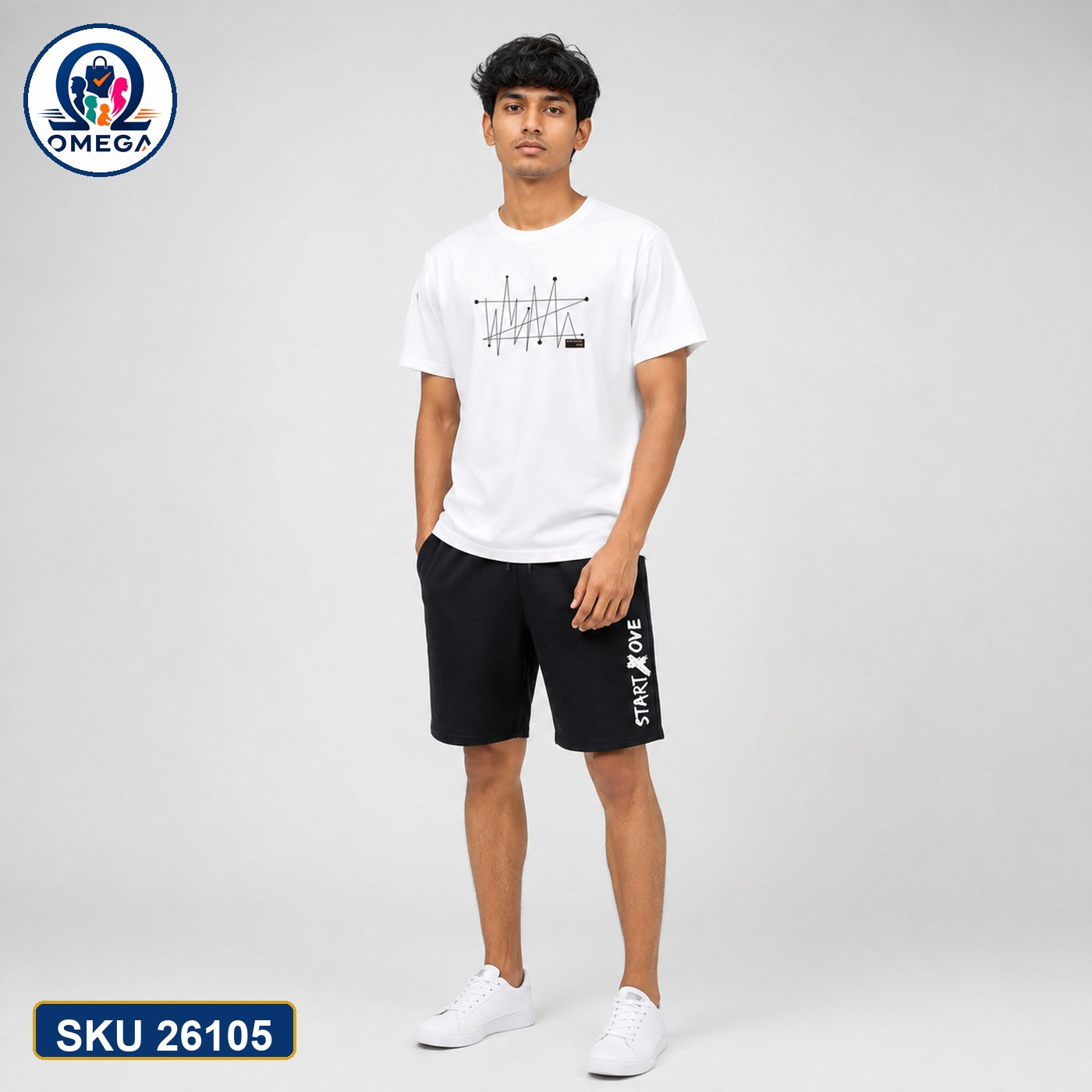 Mash T-Shirt and Shorts Combo White Wave Line Graphic Bangladeshi model preview | OmegaBD