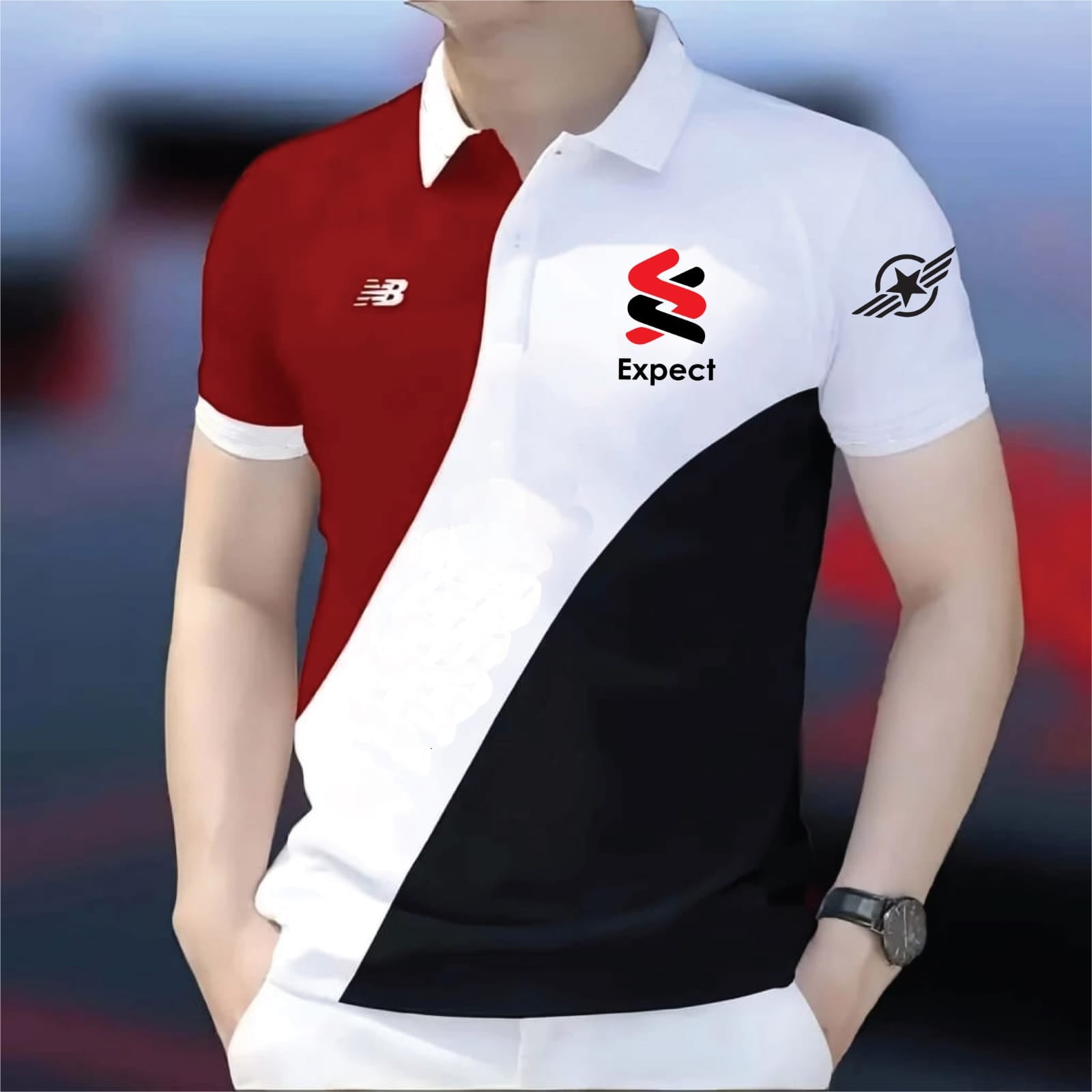 Polo Shirt For Men Red White Diagonal Color Block product photo | OmegaBD