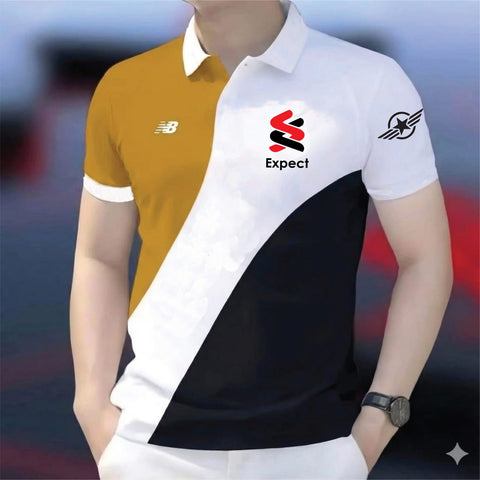Polo Shirt For Men Mustard White Diagonal Color Block product photo | OmegaBD