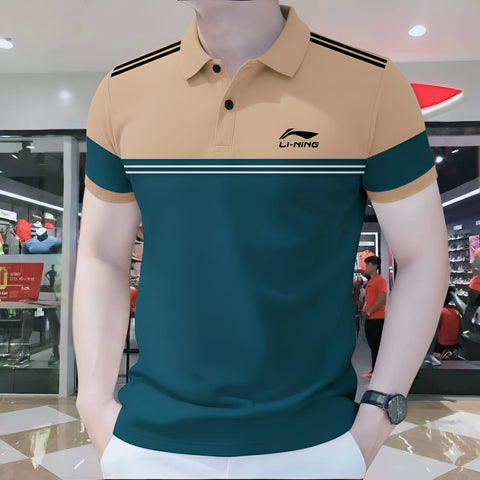Polo Shirt For Men Beige Teal Contrast Stripe product photo | OmegaBD