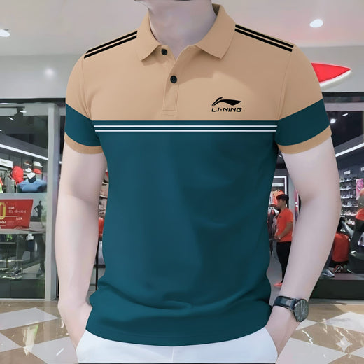 Polo Shirt For Men Beige Teal Contrast Stripe