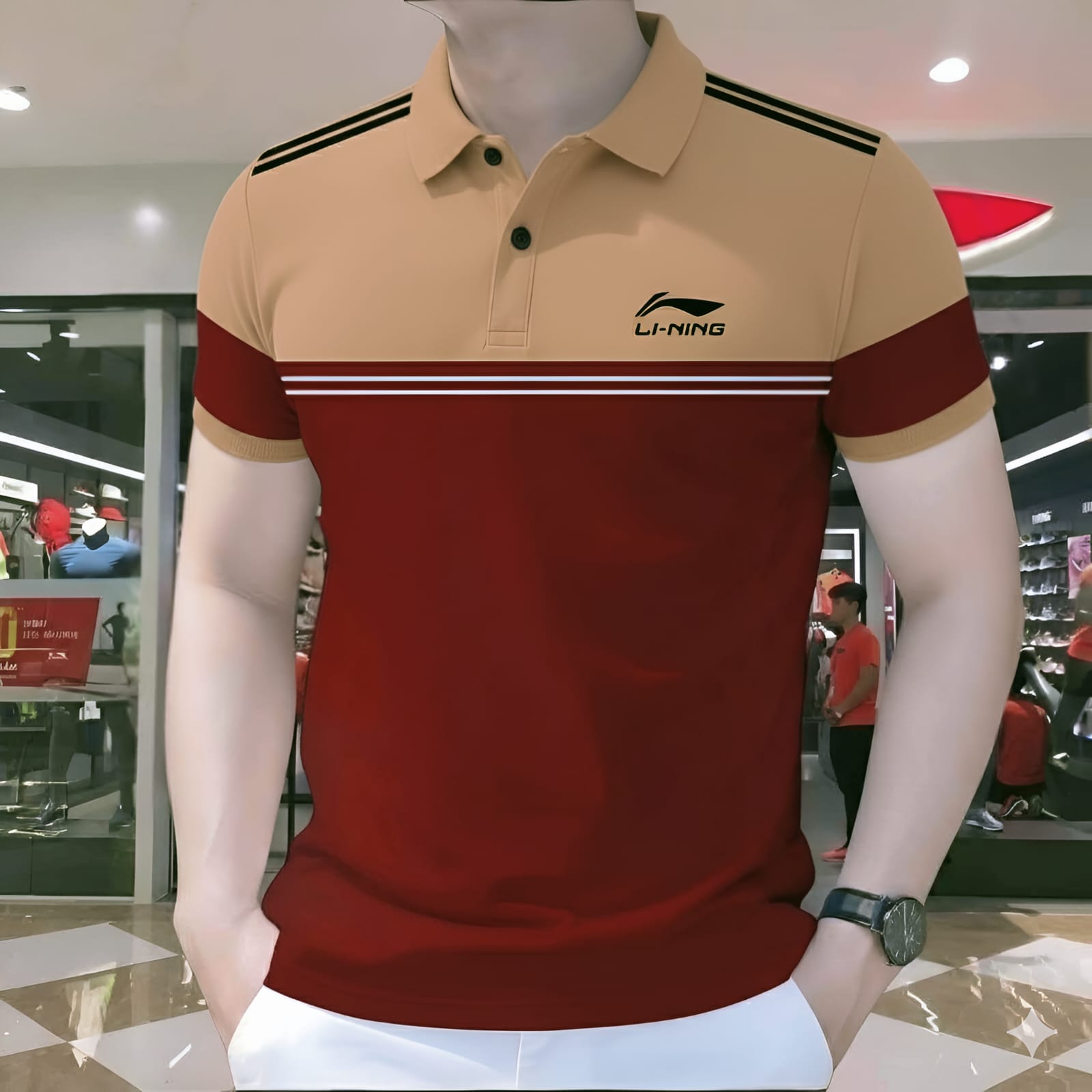 Polo Shirt For Men Beige Rust Contrast Stripe product photo | OmegaBD