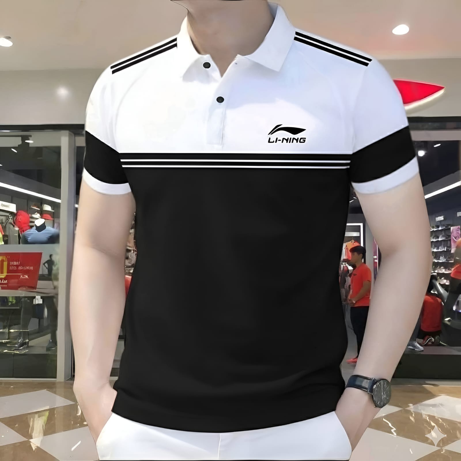 Polo Shirt For Men White Black Contrast Stripe product photo | OmegaBD