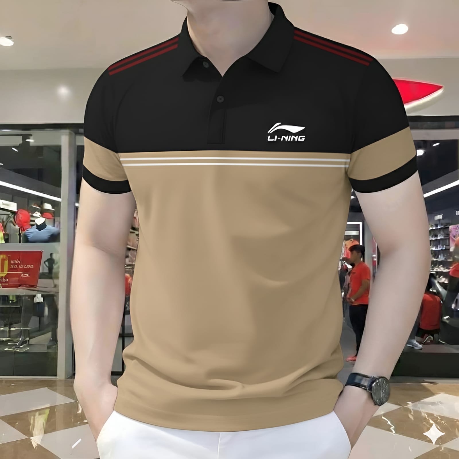 Polo Shirt For Men Black Beige Contrast Stripe product photo | OmegaBD