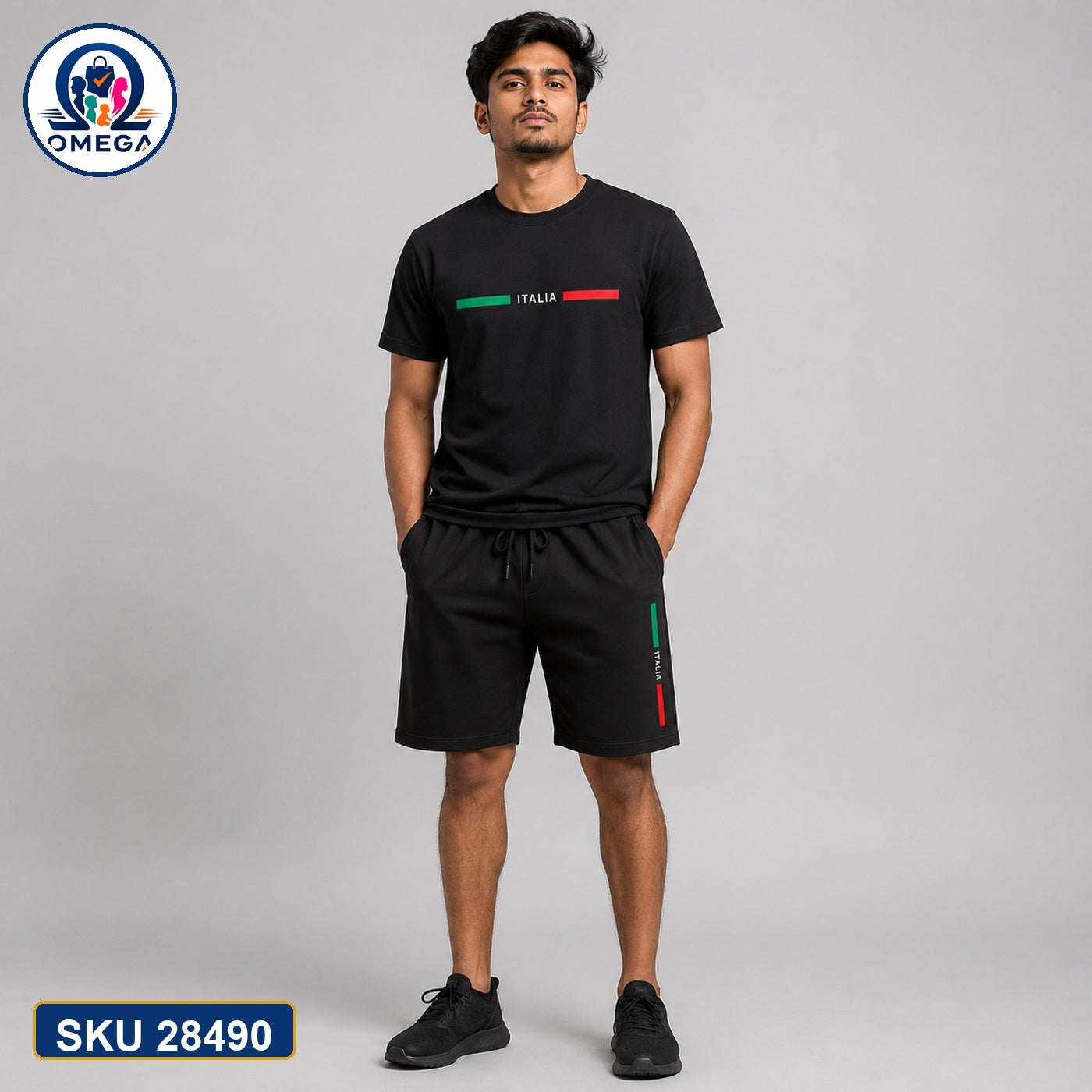Mash T-Shirt and Shorts Combo Black Italy Stripe Bangladeshi model preview | OmegaBD