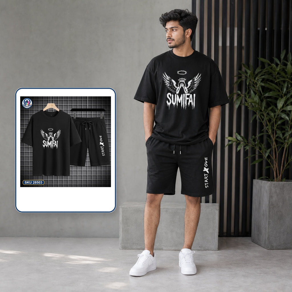 Mash T-Shirt and Shorts Combo Black Sumifai Wing Graphic Bangladeshi model preview | OmegaBD