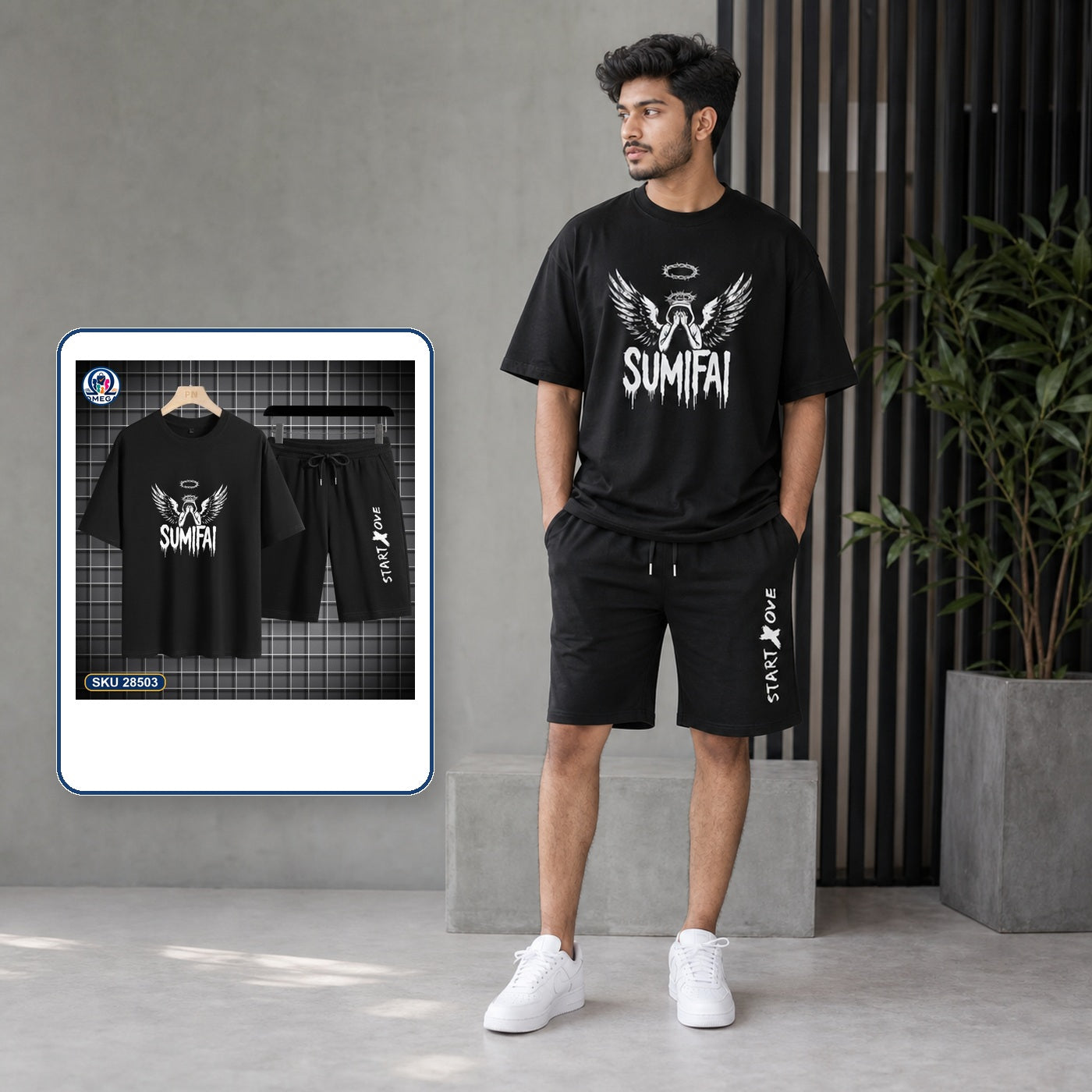 Mash T-Shirt and Shorts Combo Black Sumifai Wing Graphic Bangladeshi model preview | OmegaBD