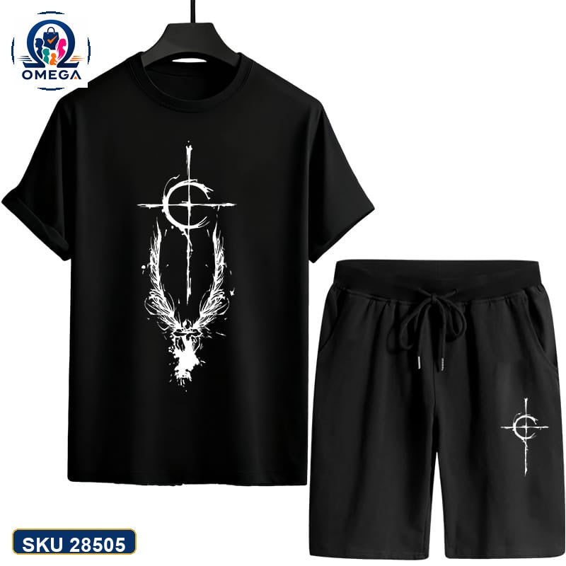 Mash T-Shirt and Shorts Combo Black Silver Cross Emblem product photo | OmegaBD