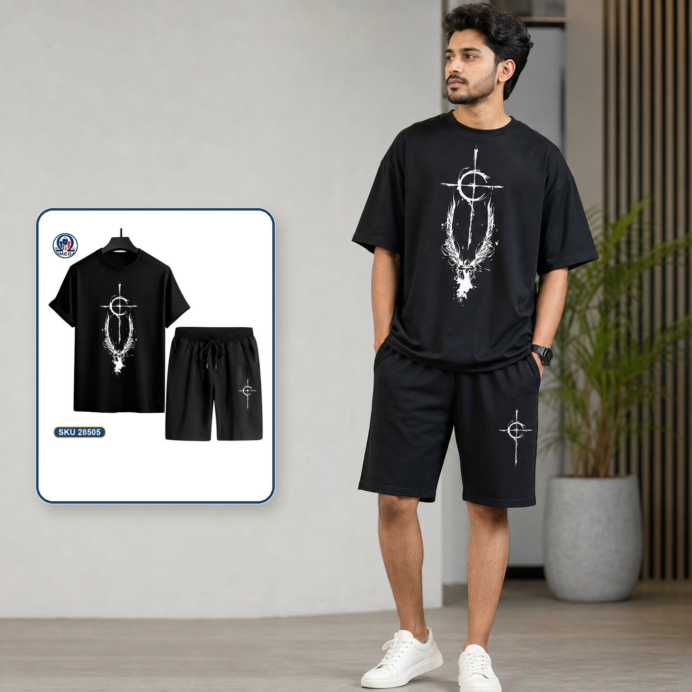 Mash T-Shirt and Shorts Combo Black Silver Cross Emblem Bangladeshi model preview | OmegaBD