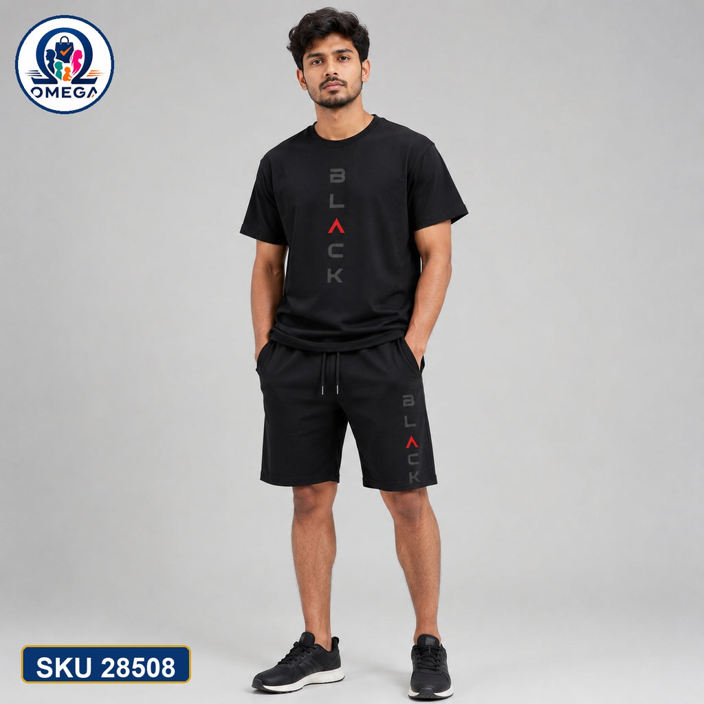 Mash T-Shirt and Shorts Combo Black Vertical Text Graphic Bangladeshi model preview | OmegaBD