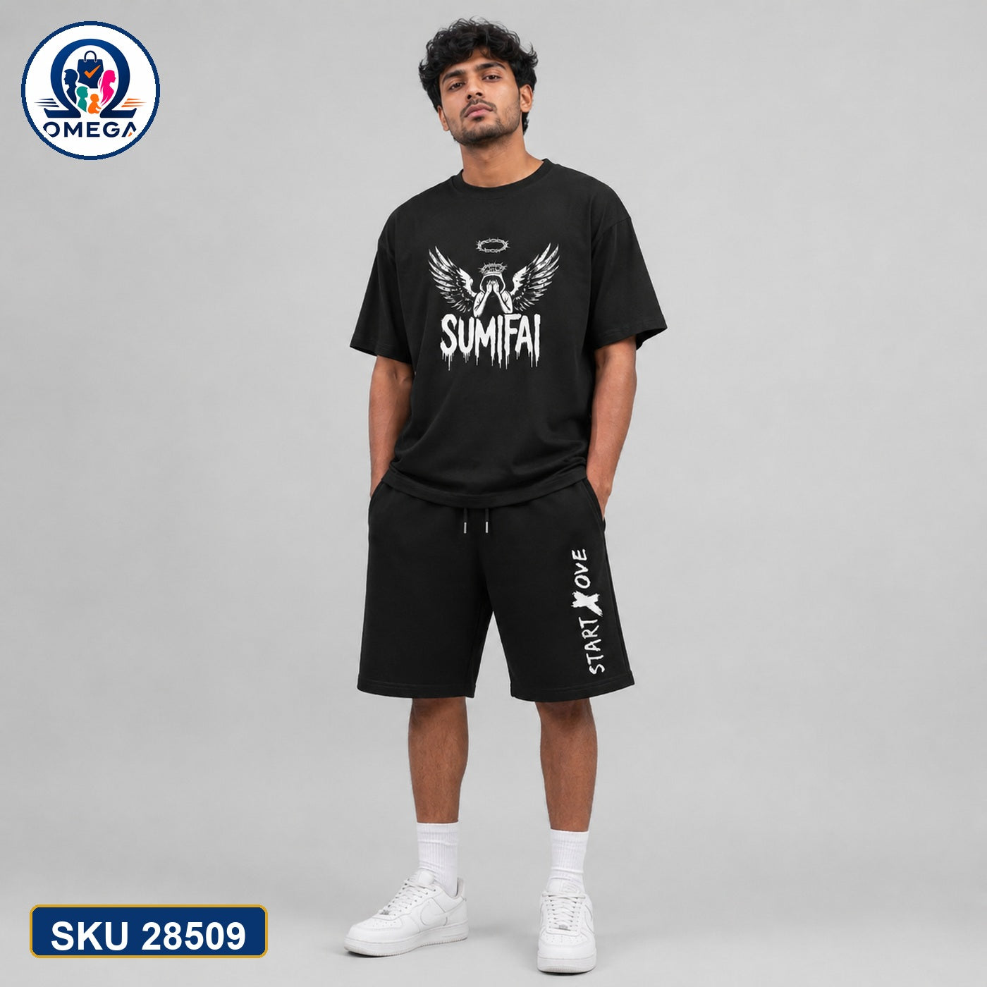 Mash T-Shirt and Shorts Combo Black Sumifai Wing Grid Photo Bangladeshi model preview | OmegaBD