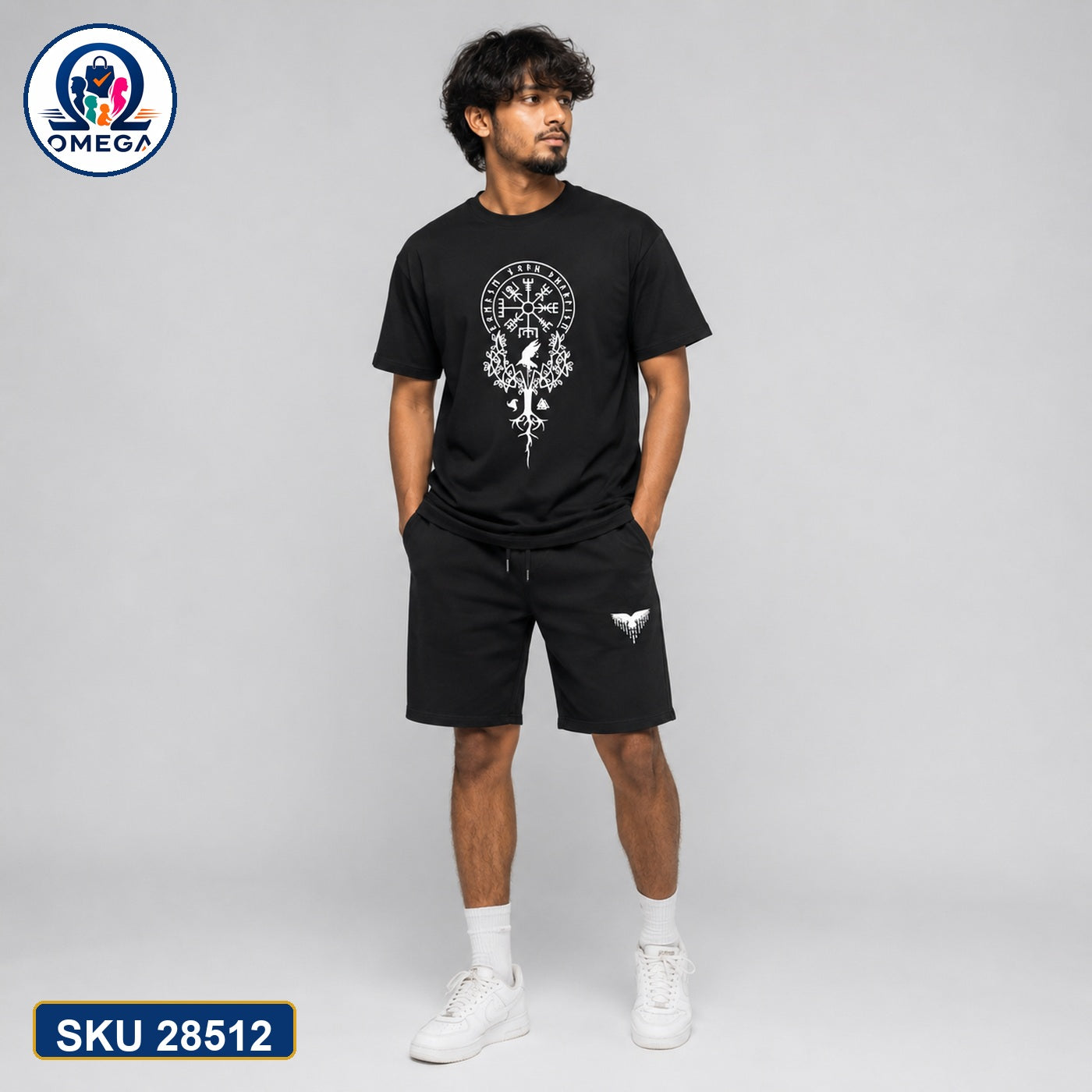 Mash T-Shirt and Shorts Combo Black Ornate Wing Emblem Bangladeshi model preview | OmegaBD