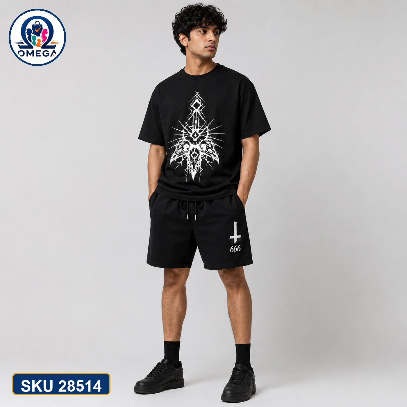 Mash T-Shirt and Shorts Combo Black White Cross 666 Graphic Bangladeshi model preview | OmegaBD