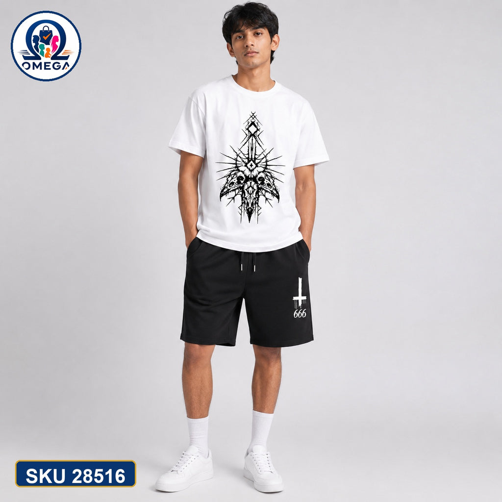 Mash T-Shirt and Shorts Combo White Black Cross 666 Graphic Bangladeshi model preview | OmegaBD