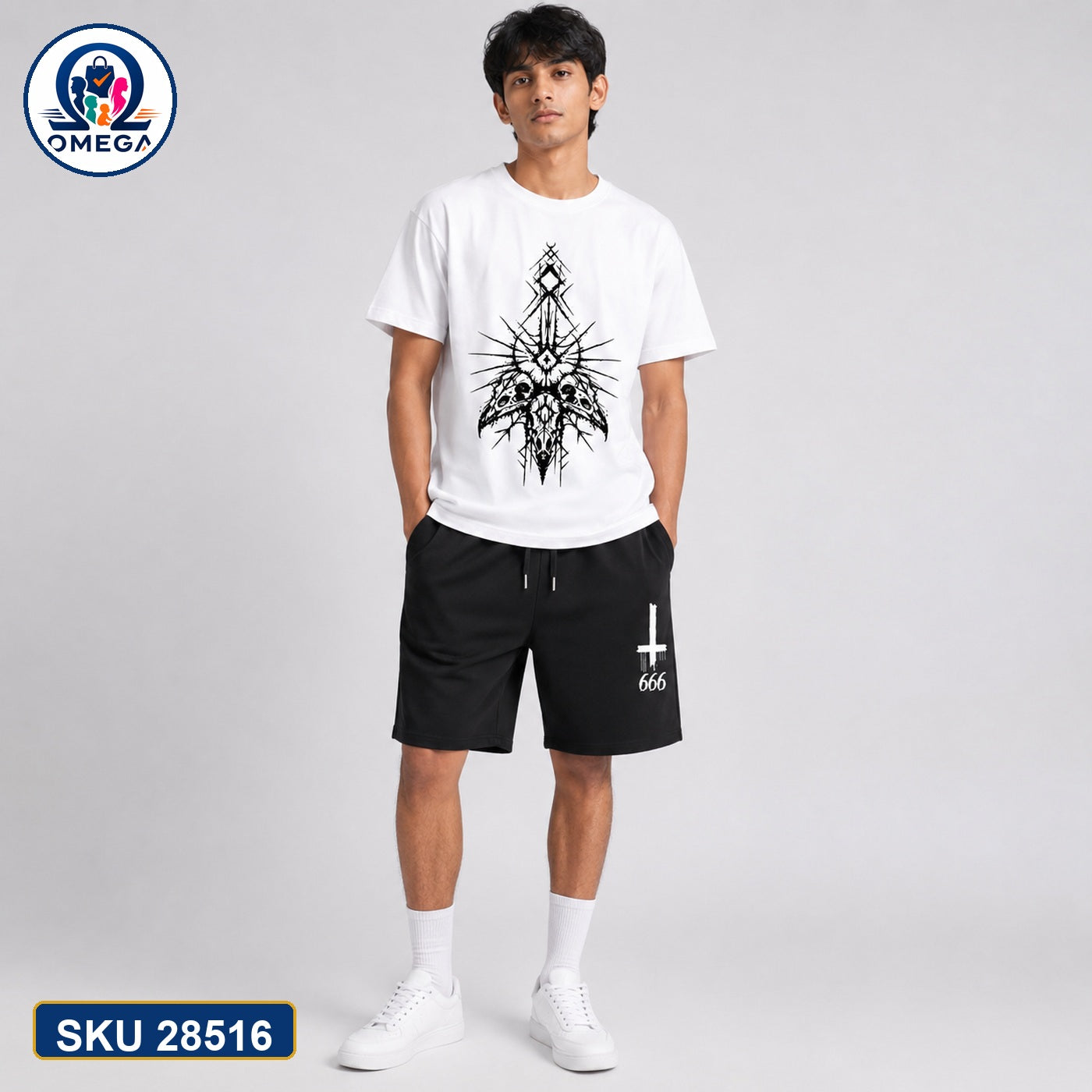 Mash T-Shirt and Shorts Combo White Black Cross 666 Graphic Bangladeshi model preview | OmegaBD