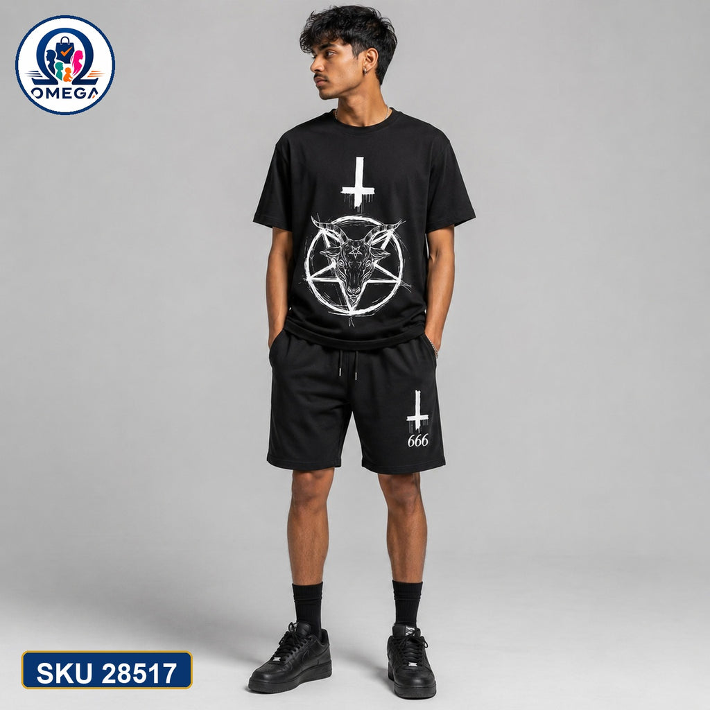 Mash T-Shirt and Shorts Combo Black Pentagram Cross Graphic Bangladeshi model preview | OmegaBD