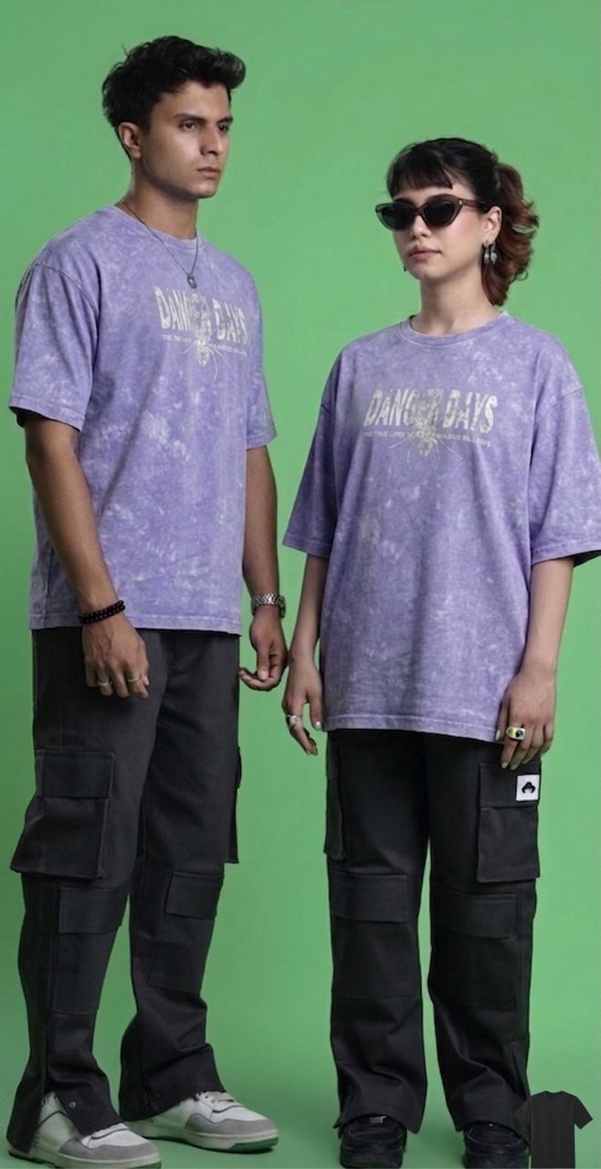 Acid Wash Drop Shoulder T-Shirt Purple Dangerous Text product photo | OmegaBD