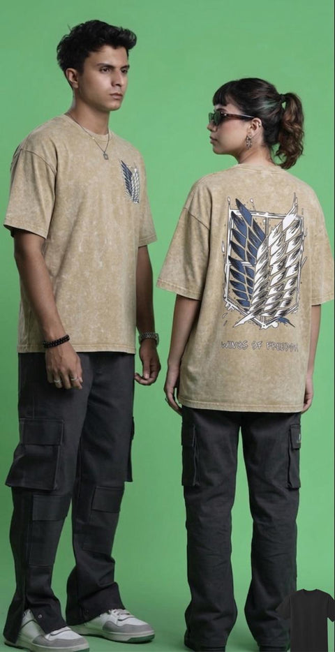Acid Wash Drop Shoulder T-Shirt Beige Wing Emblem product photo | OmegaBD